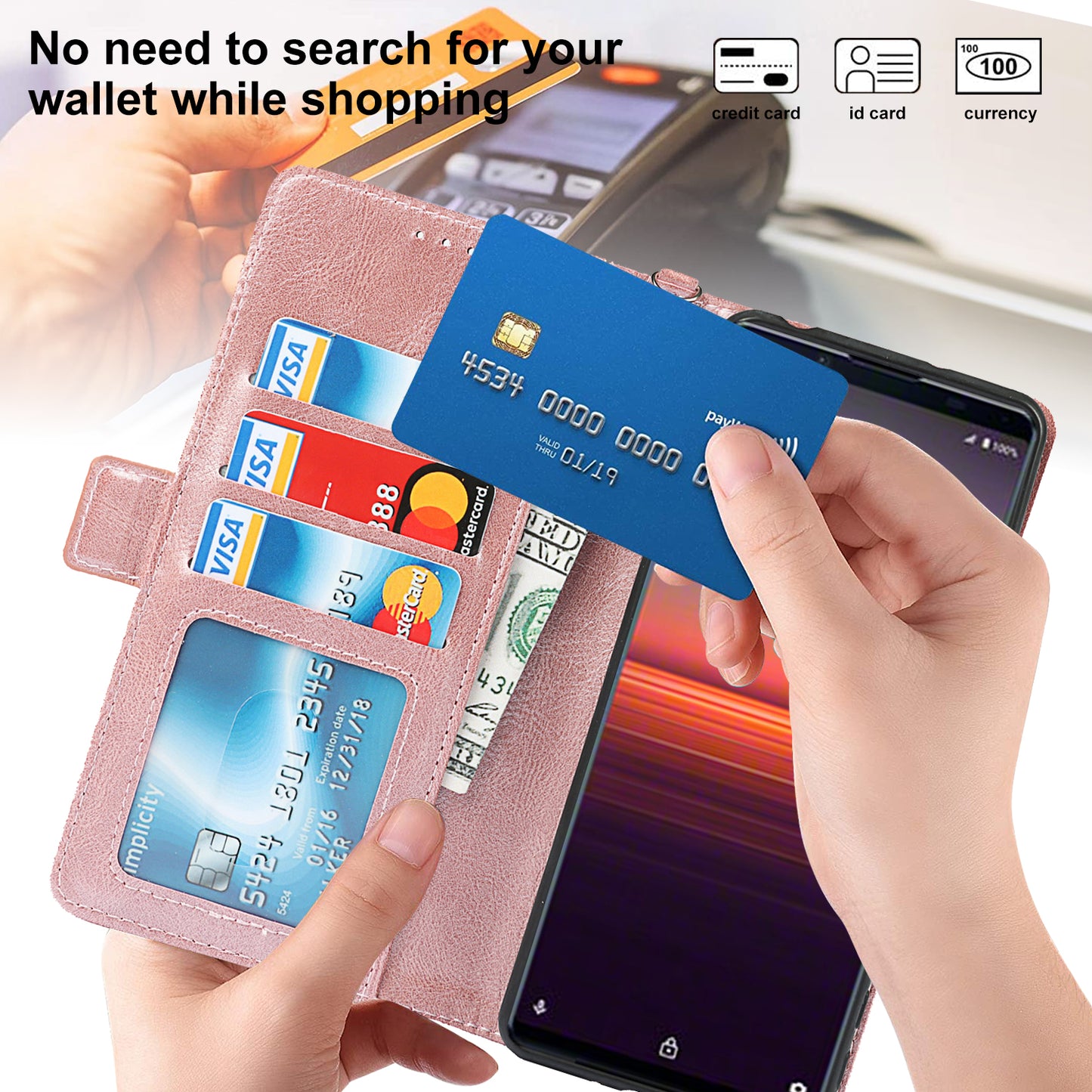 RFID Blocking Anti-fall Flip Phone Case Magnetic Closure Wallet Phone Cover with Strap and Supporting Stand for Sony Xperia 5 II