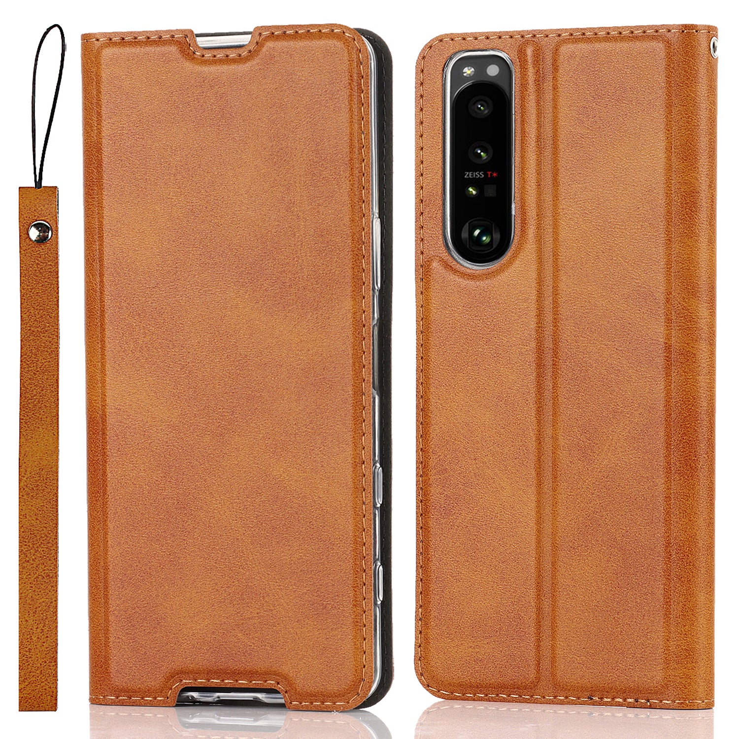 Wrist Strap Textured PU Leather Card Holder Drop-proof Phone Cover Stand Phone Shell for Sony Xperia 5 III 5G