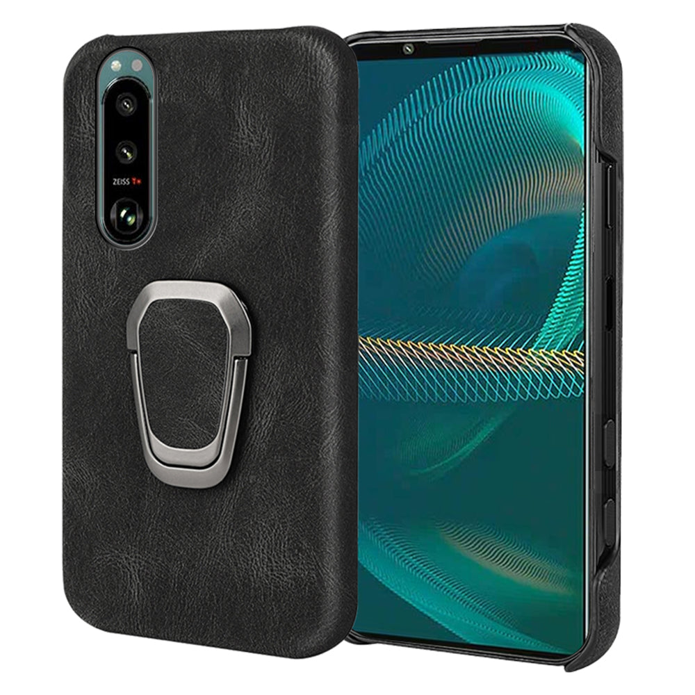 Scratch-proof Phone Case Rotating Ring Kickstand Design PU Leather Coated PC Protective Cover for Sony Xperia 5 III 5G