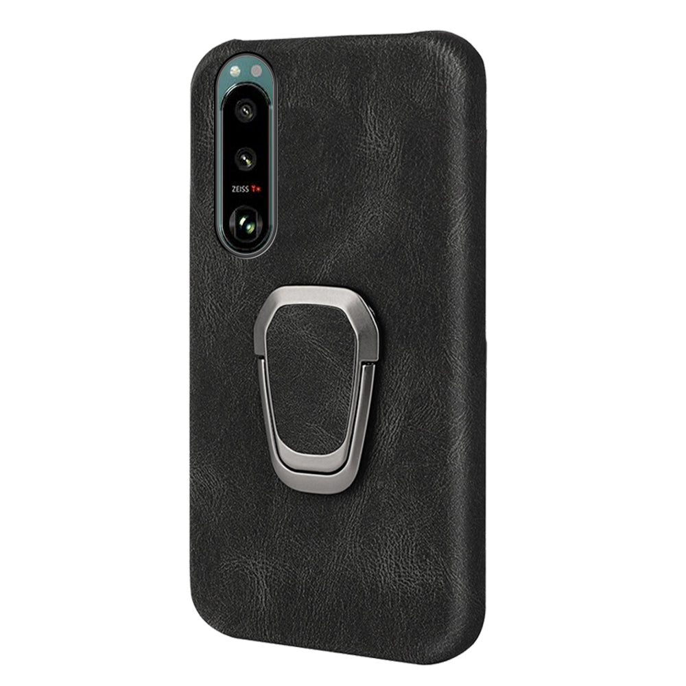 Scratch-proof Phone Case Rotating Ring Kickstand Design PU Leather Coated PC Protective Cover for Sony Xperia 5 III 5G