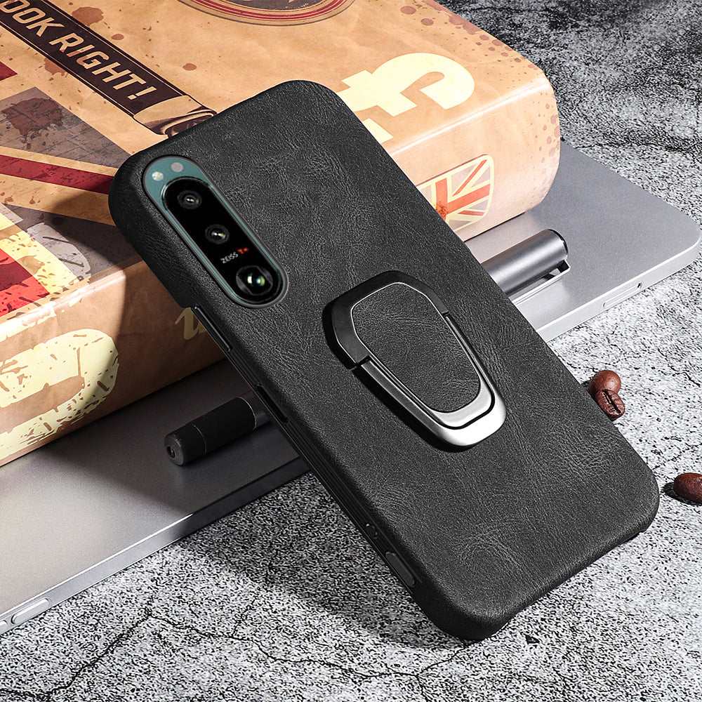 Scratch-proof Phone Case Rotating Ring Kickstand Design PU Leather Coated PC Protective Cover for Sony Xperia 5 III 5G