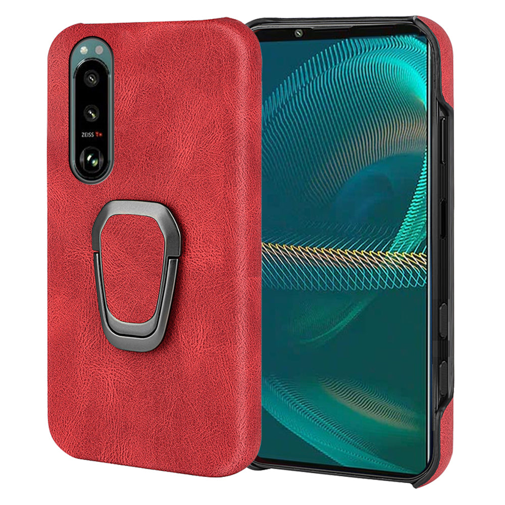 Scratch-proof Phone Case Rotating Ring Kickstand Design PU Leather Coated PC Protective Cover for Sony Xperia 5 III 5G