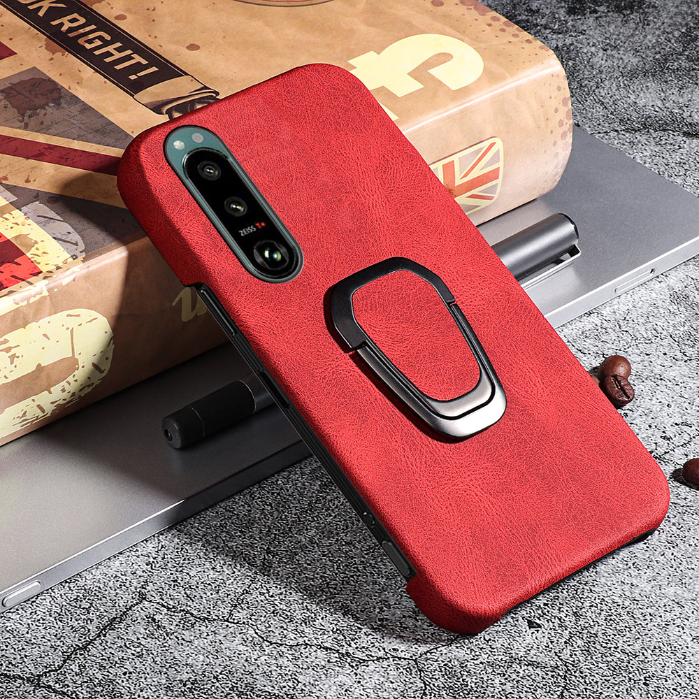 Scratch-proof Phone Case Rotating Ring Kickstand Design PU Leather Coated PC Protective Cover for Sony Xperia 5 III 5G