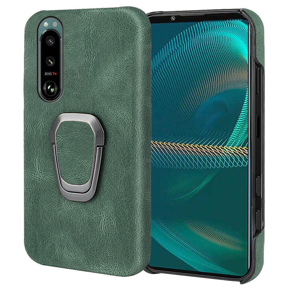 Scratch-proof Phone Case Rotating Ring Kickstand Design PU Leather Coated PC Protective Cover for Sony Xperia 5 III 5G