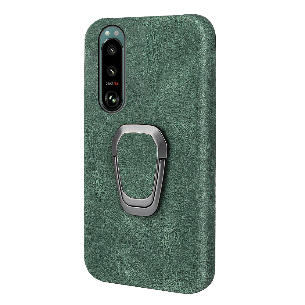 Scratch-proof Phone Case Rotating Ring Kickstand Design PU Leather Coated PC Protective Cover for Sony Xperia 5 III 5G
