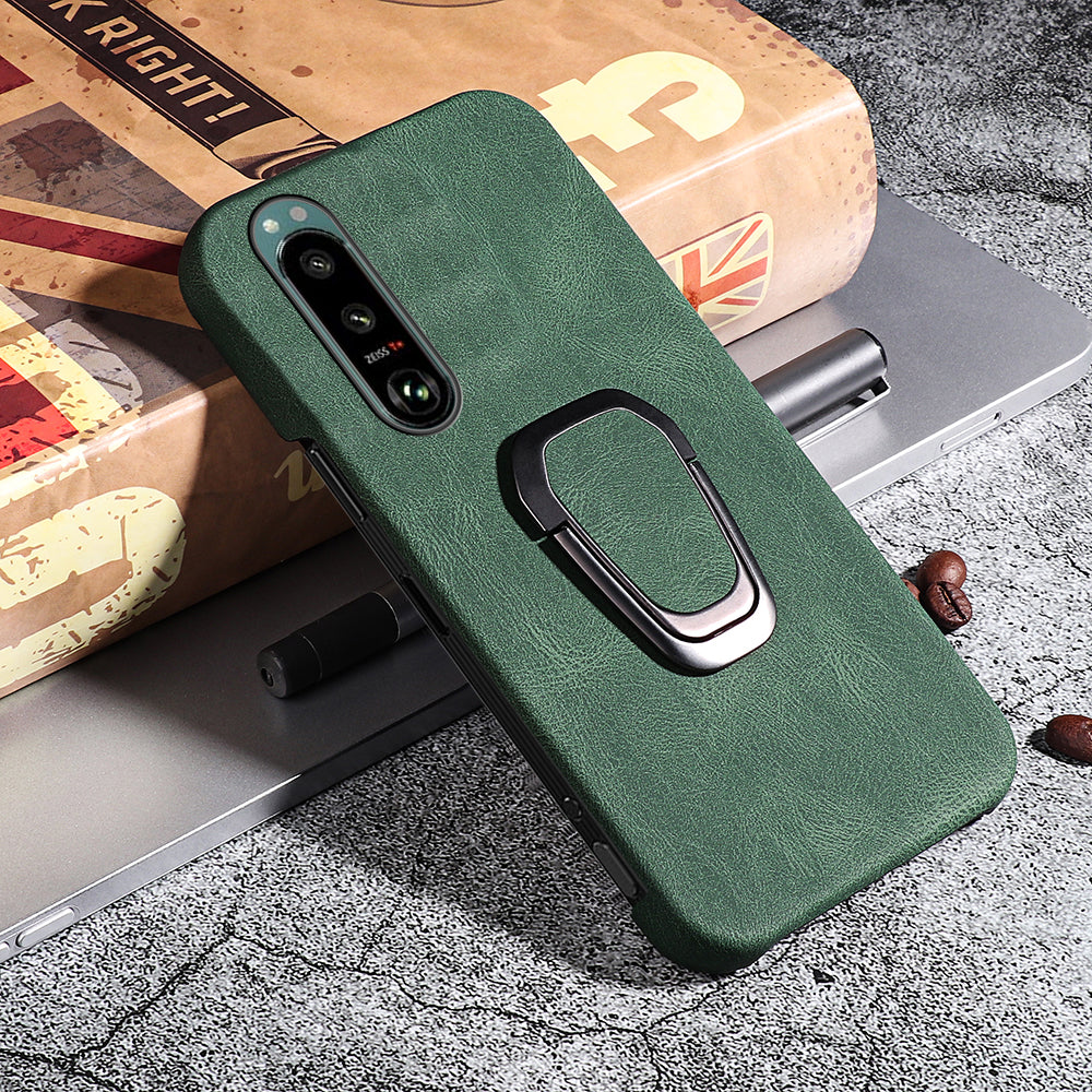 Scratch-proof Phone Case Rotating Ring Kickstand Design PU Leather Coated PC Protective Cover for Sony Xperia 5 III 5G