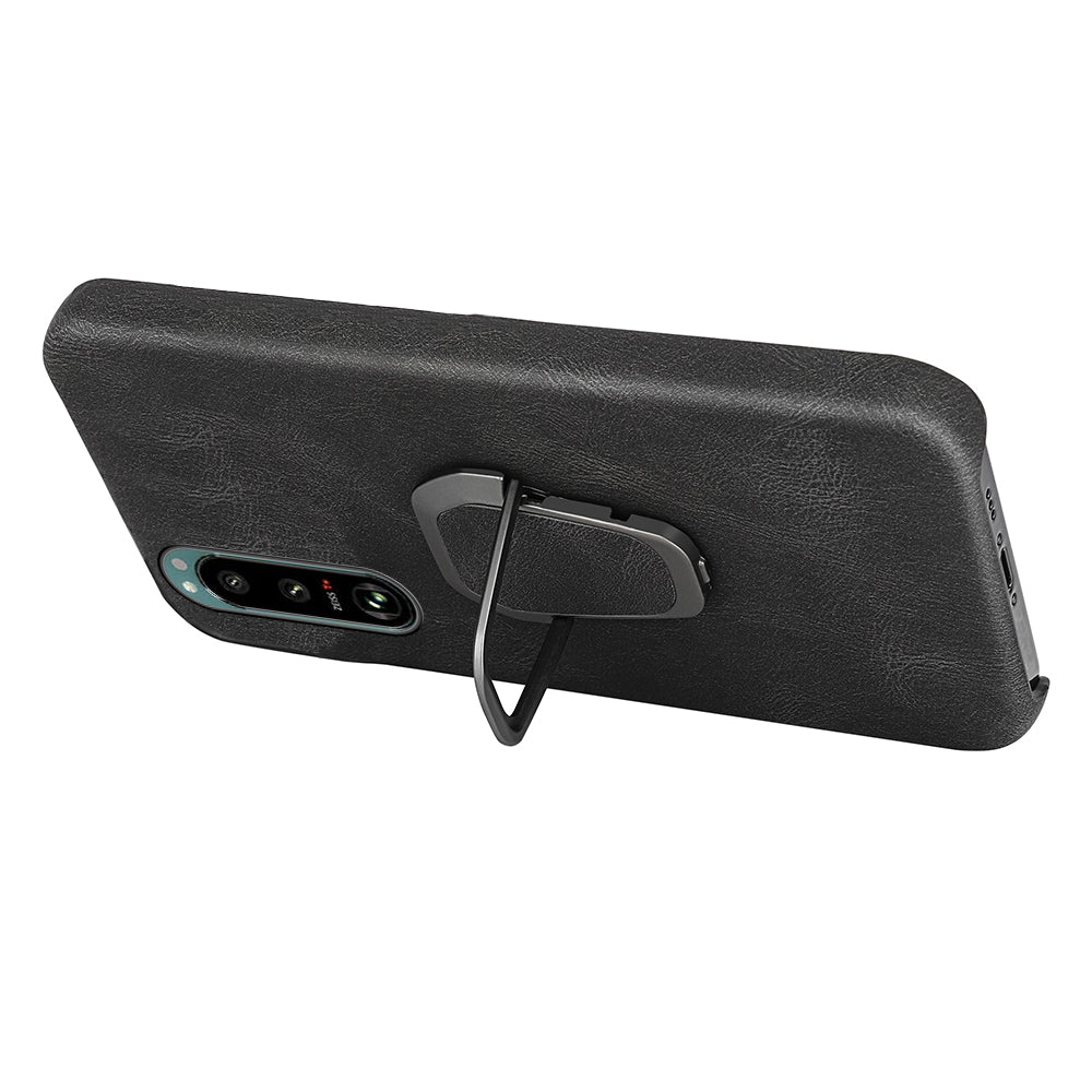 Scratch-proof Phone Case Rotating Ring Kickstand Design PU Leather Coated PC Protective Cover for Sony Xperia 5 III 5G