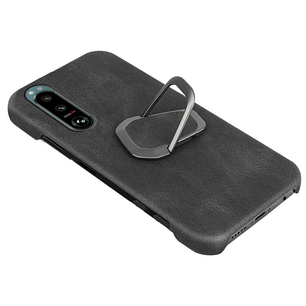 Scratch-proof Phone Case Rotating Ring Kickstand Design PU Leather Coated PC Protective Cover for Sony Xperia 5 III 5G