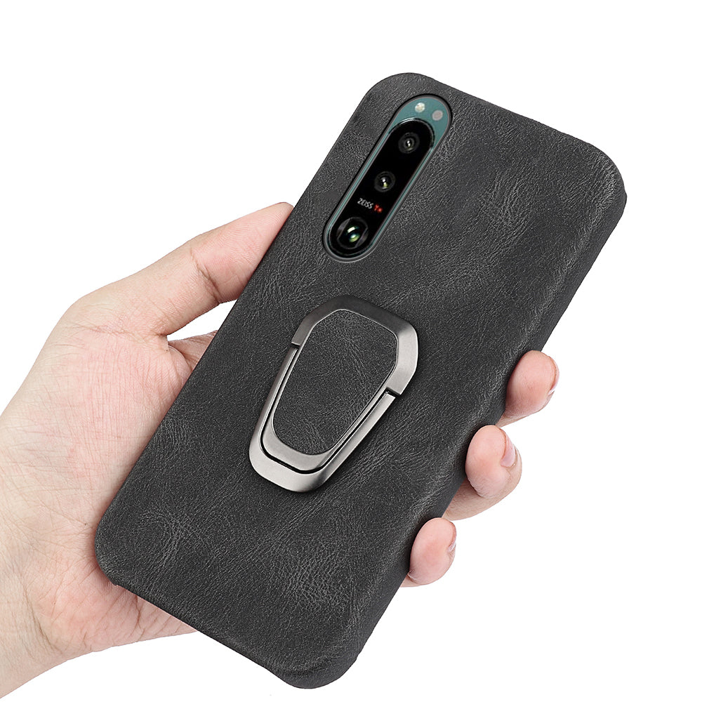 Scratch-proof Phone Case Rotating Ring Kickstand Design PU Leather Coated PC Protective Cover for Sony Xperia 5 III 5G