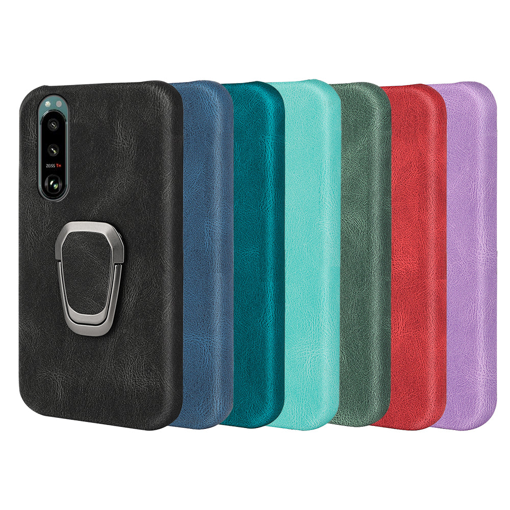 Scratch-proof Phone Case Rotating Ring Kickstand Design PU Leather Coated PC Protective Cover for Sony Xperia 5 III 5G
