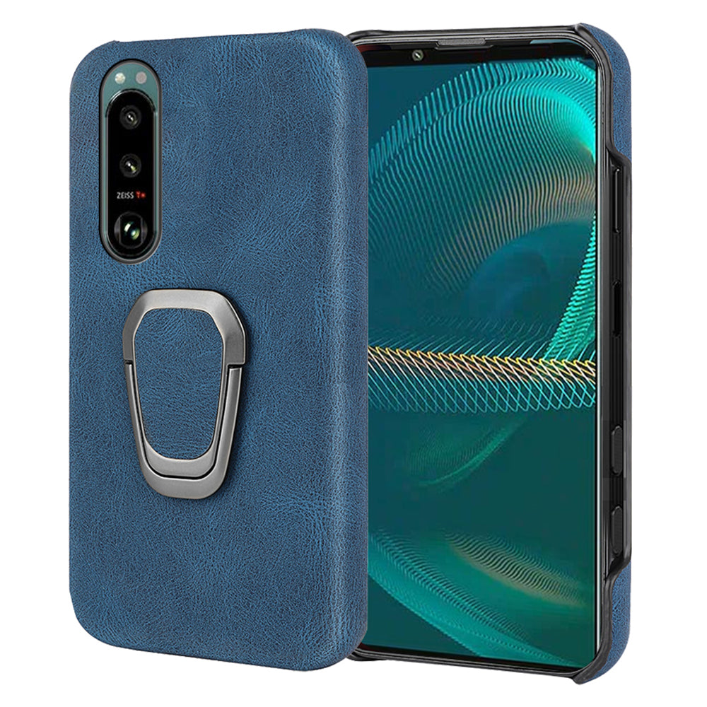 Scratch-proof Phone Case Rotating Ring Kickstand Design PU Leather Coated PC Protective Cover for Sony Xperia 5 III 5G