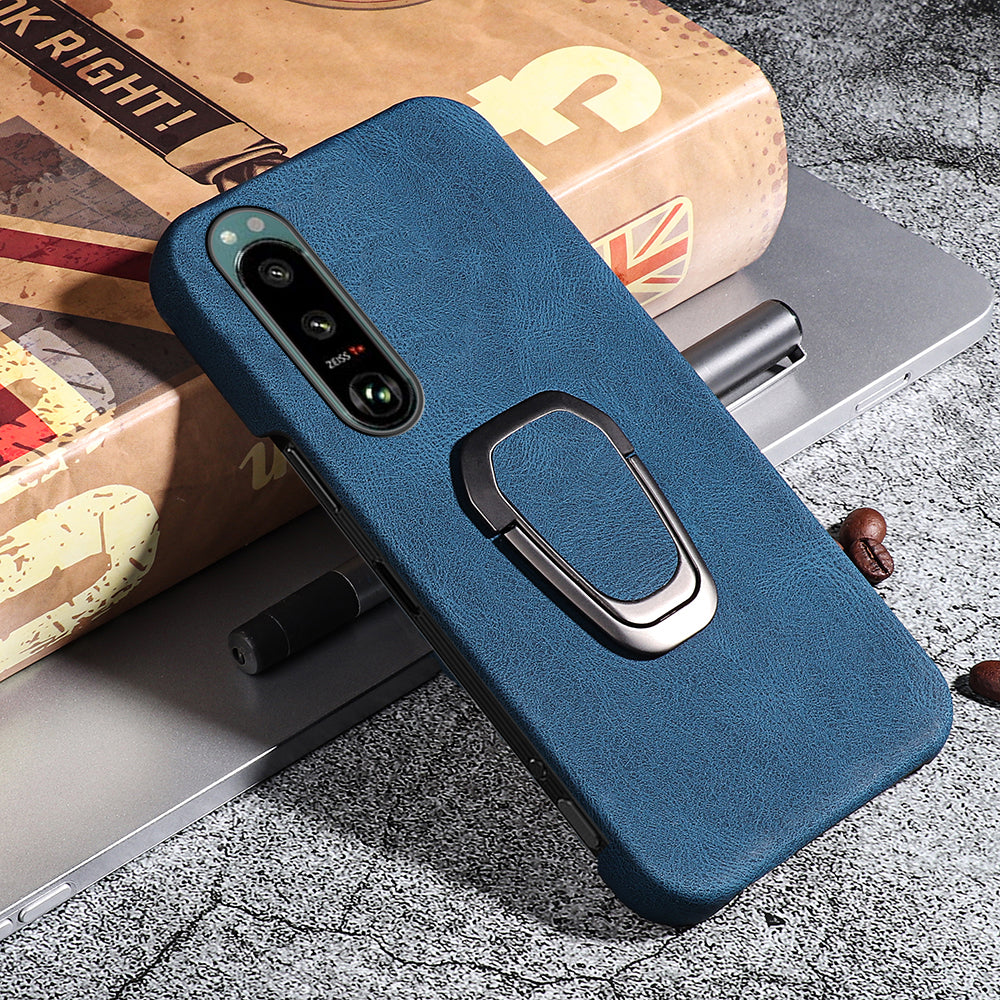 Scratch-proof Phone Case Rotating Ring Kickstand Design PU Leather Coated PC Protective Cover for Sony Xperia 5 III 5G