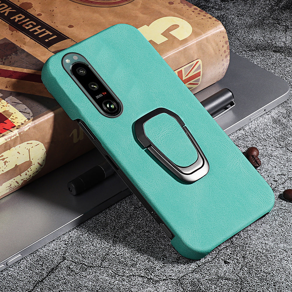 Scratch-proof Phone Case Rotating Ring Kickstand Design PU Leather Coated PC Protective Cover for Sony Xperia 5 III 5G