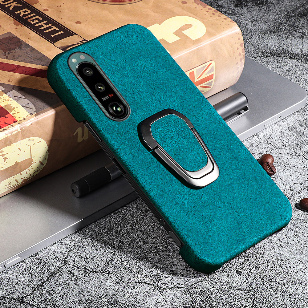 Scratch-proof Phone Case Rotating Ring Kickstand Design PU Leather Coated PC Protective Cover for Sony Xperia 5 III 5G