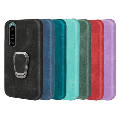 Scratch-proof Phone Case Rotating Ring Kickstand Design PU Leather Coated PC Protective Cover for Sony Xperia 5 III 5G