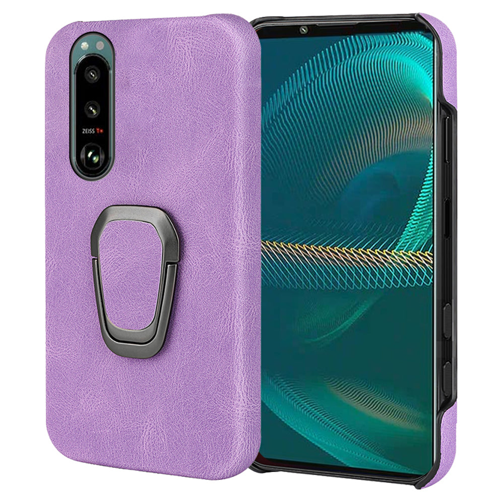 Scratch-proof Phone Case Rotating Ring Kickstand Design PU Leather Coated PC Protective Cover for Sony Xperia 5 III 5G