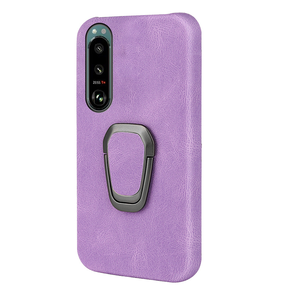 Scratch-proof Phone Case Rotating Ring Kickstand Design PU Leather Coated PC Protective Cover for Sony Xperia 5 III 5G