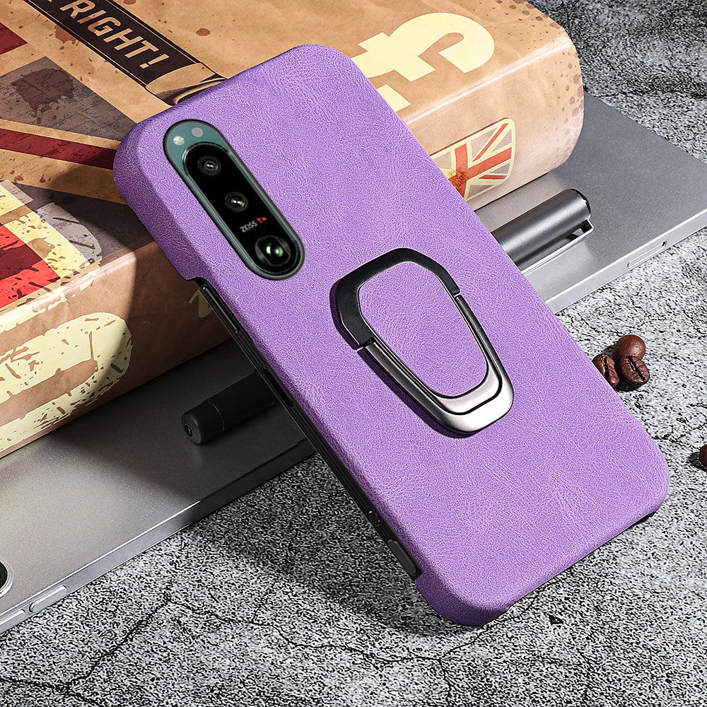 Scratch-proof Phone Case Rotating Ring Kickstand Design PU Leather Coated PC Protective Cover for Sony Xperia 5 III 5G