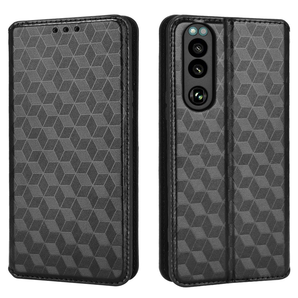 For Sony Xperia 5 III 5G Rhombus Imprinted PU Leather Flip Case Stand Magnetic Absorption Wallet Folio Soft TPU Bumper Protective Cover