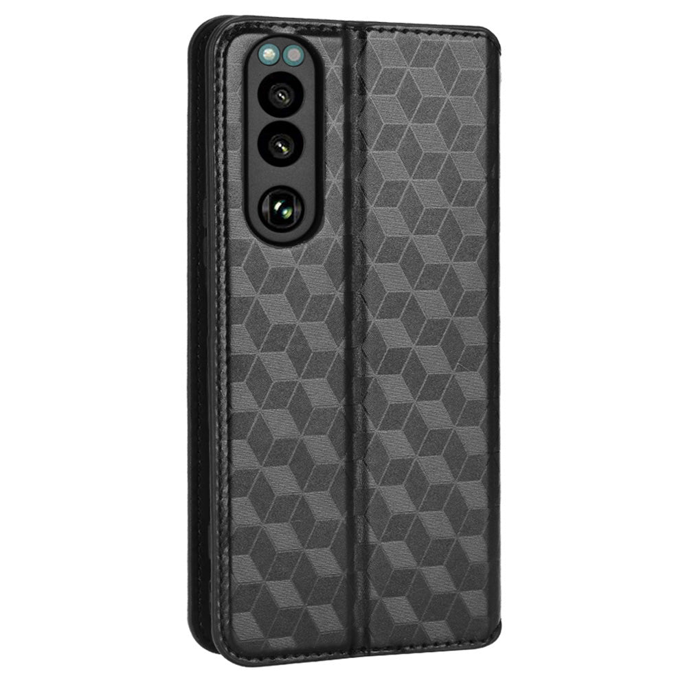For Sony Xperia 5 III 5G Rhombus Imprinted PU Leather Flip Case Stand Magnetic Absorption Wallet Folio Soft TPU Bumper Protective Cover