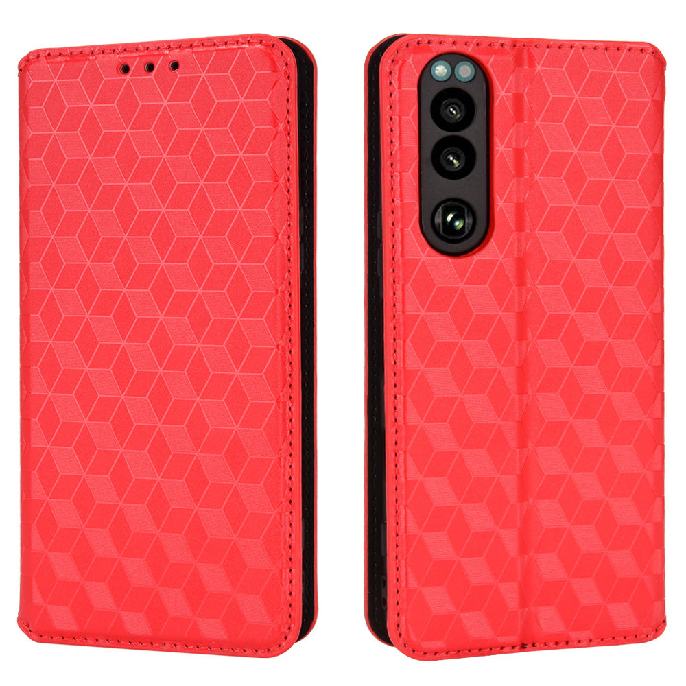 For Sony Xperia 5 III 5G Rhombus Imprinted PU Leather Flip Case Stand Magnetic Absorption Wallet Folio Soft TPU Bumper Protective Cover
