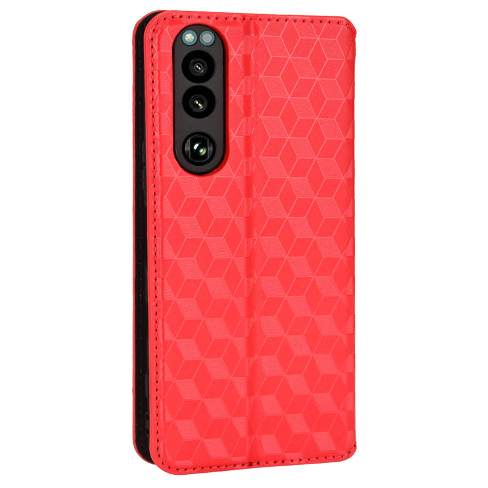 For Sony Xperia 5 III 5G Rhombus Imprinted PU Leather Flip Case Stand Magnetic Absorption Wallet Folio Soft TPU Bumper Protective Cover