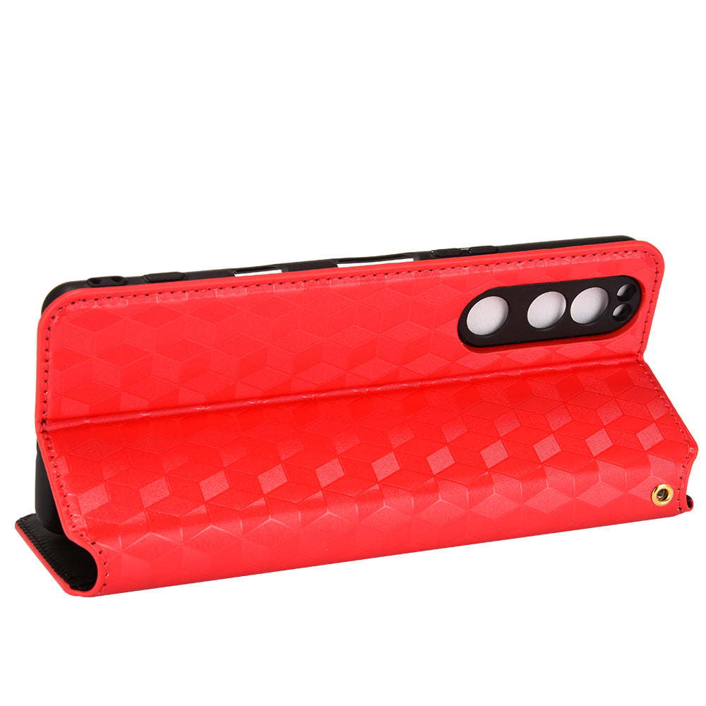 For Sony Xperia 5 III 5G Rhombus Imprinted PU Leather Flip Case Stand Magnetic Absorption Wallet Folio Soft TPU Bumper Protective Cover