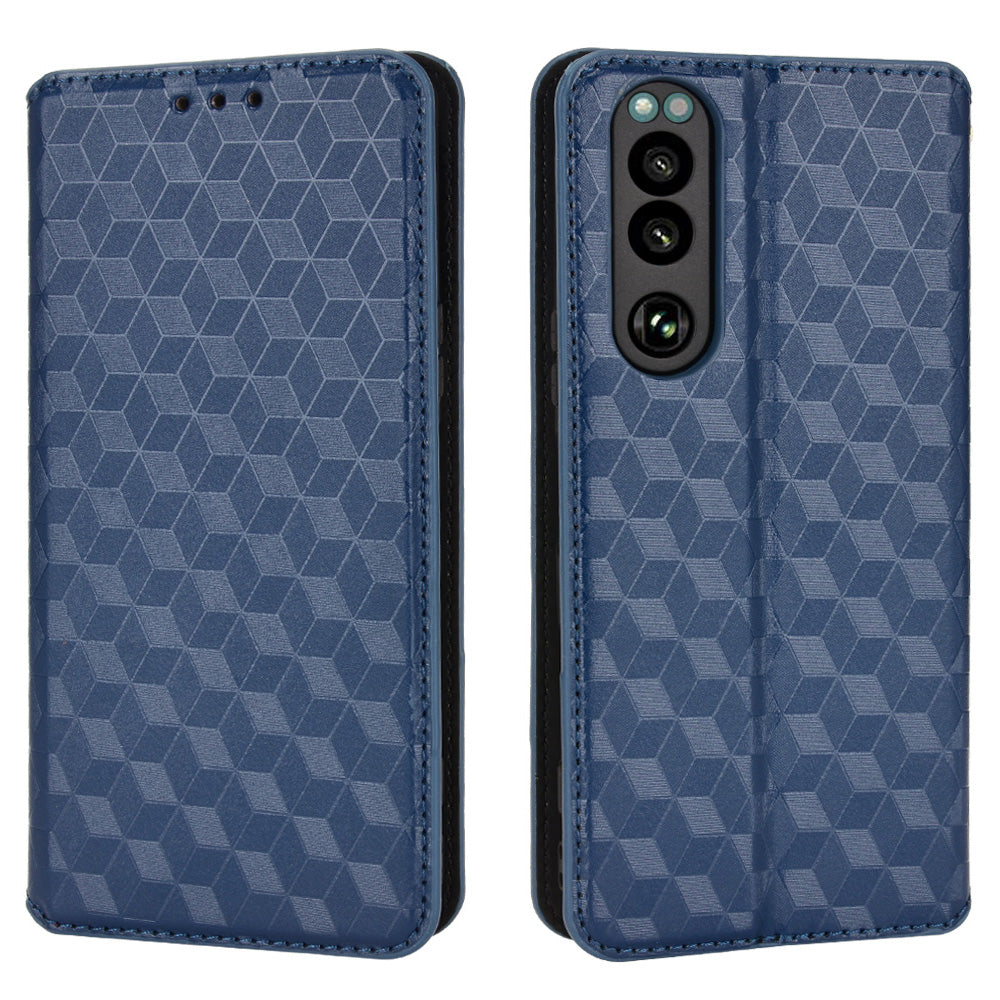 For Sony Xperia 5 III 5G Rhombus Imprinted PU Leather Flip Case Stand Magnetic Absorption Wallet Folio Soft TPU Bumper Protective Cover