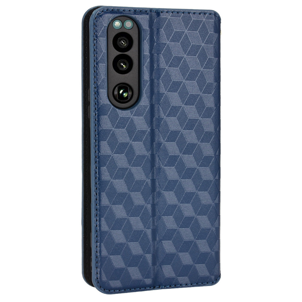 For Sony Xperia 5 III 5G Rhombus Imprinted PU Leather Flip Case Stand Magnetic Absorption Wallet Folio Soft TPU Bumper Protective Cover