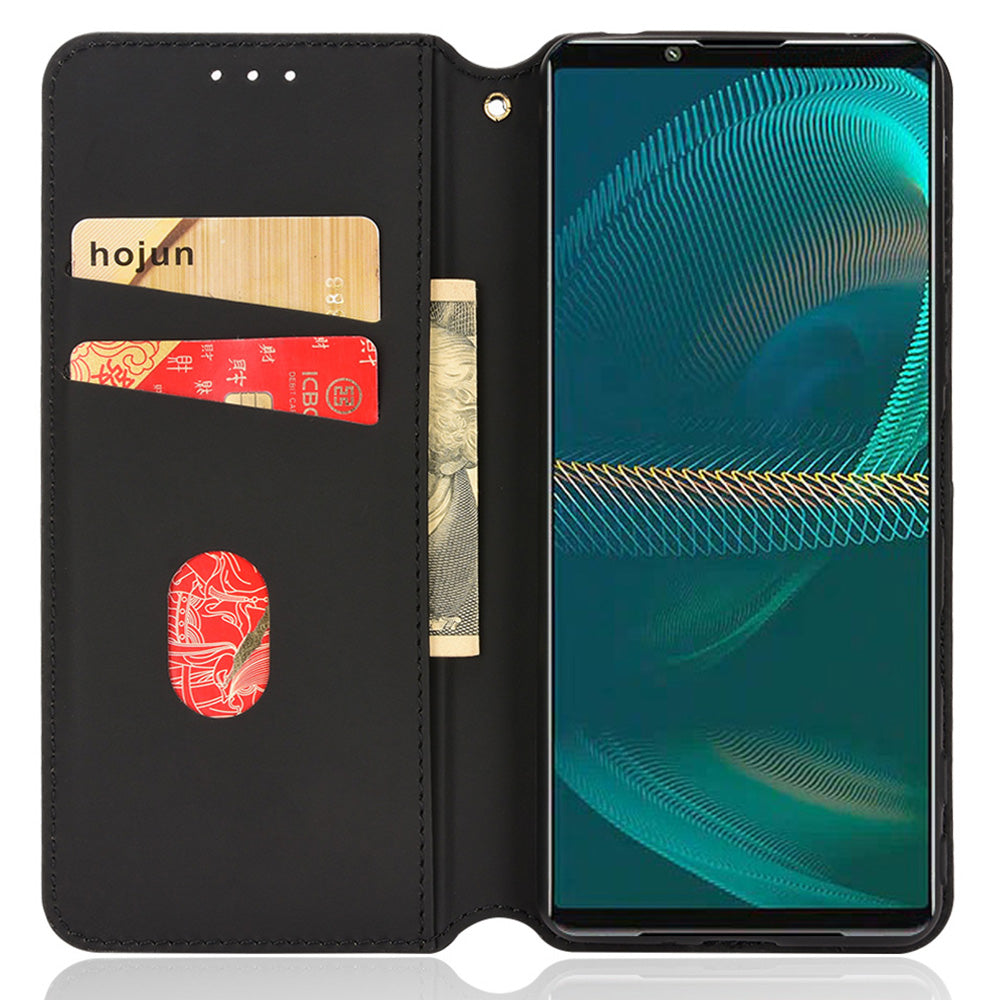 For Sony Xperia 5 III 5G Rhombus Imprinted PU Leather Flip Case Stand Magnetic Absorption Wallet Folio Soft TPU Bumper Protective Cover