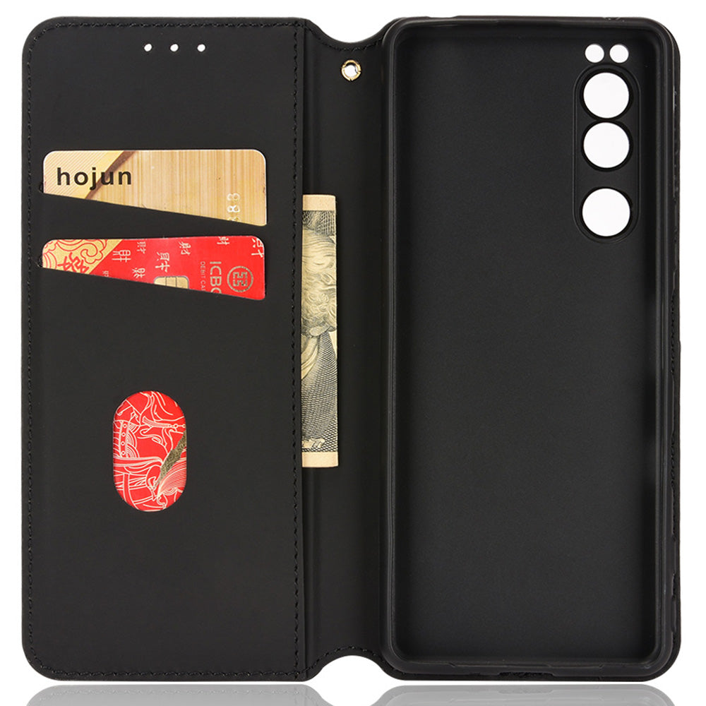 For Sony Xperia 5 III 5G Rhombus Imprinted PU Leather Flip Case Stand Magnetic Absorption Wallet Folio Soft TPU Bumper Protective Cover