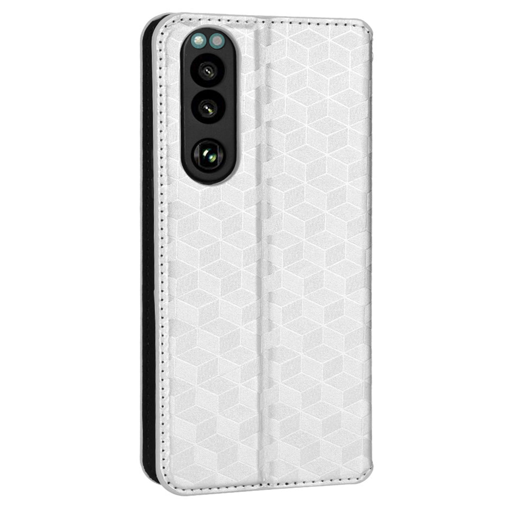 For Sony Xperia 5 III 5G Rhombus Imprinted PU Leather Flip Case Stand Magnetic Absorption Wallet Folio Soft TPU Bumper Protective Cover