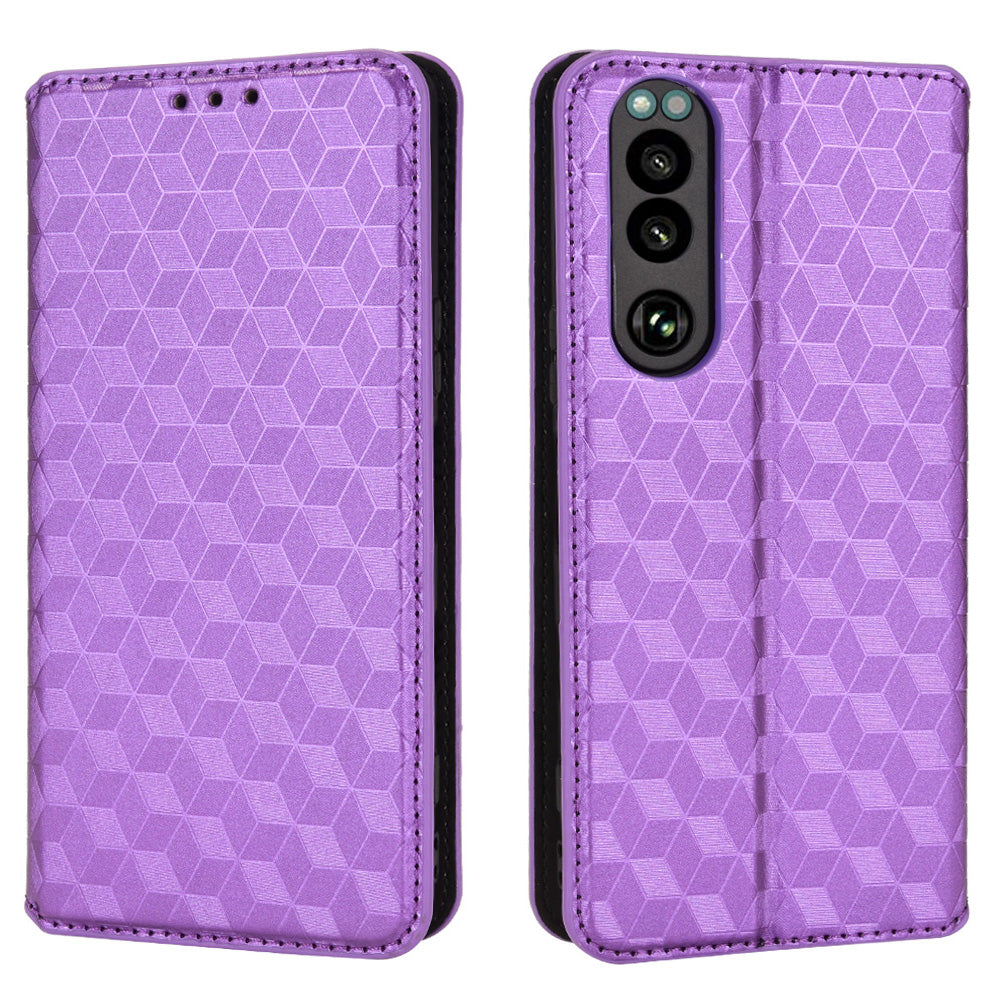 For Sony Xperia 5 III 5G Rhombus Imprinted PU Leather Flip Case Stand Magnetic Absorption Wallet Folio Soft TPU Bumper Protective Cover