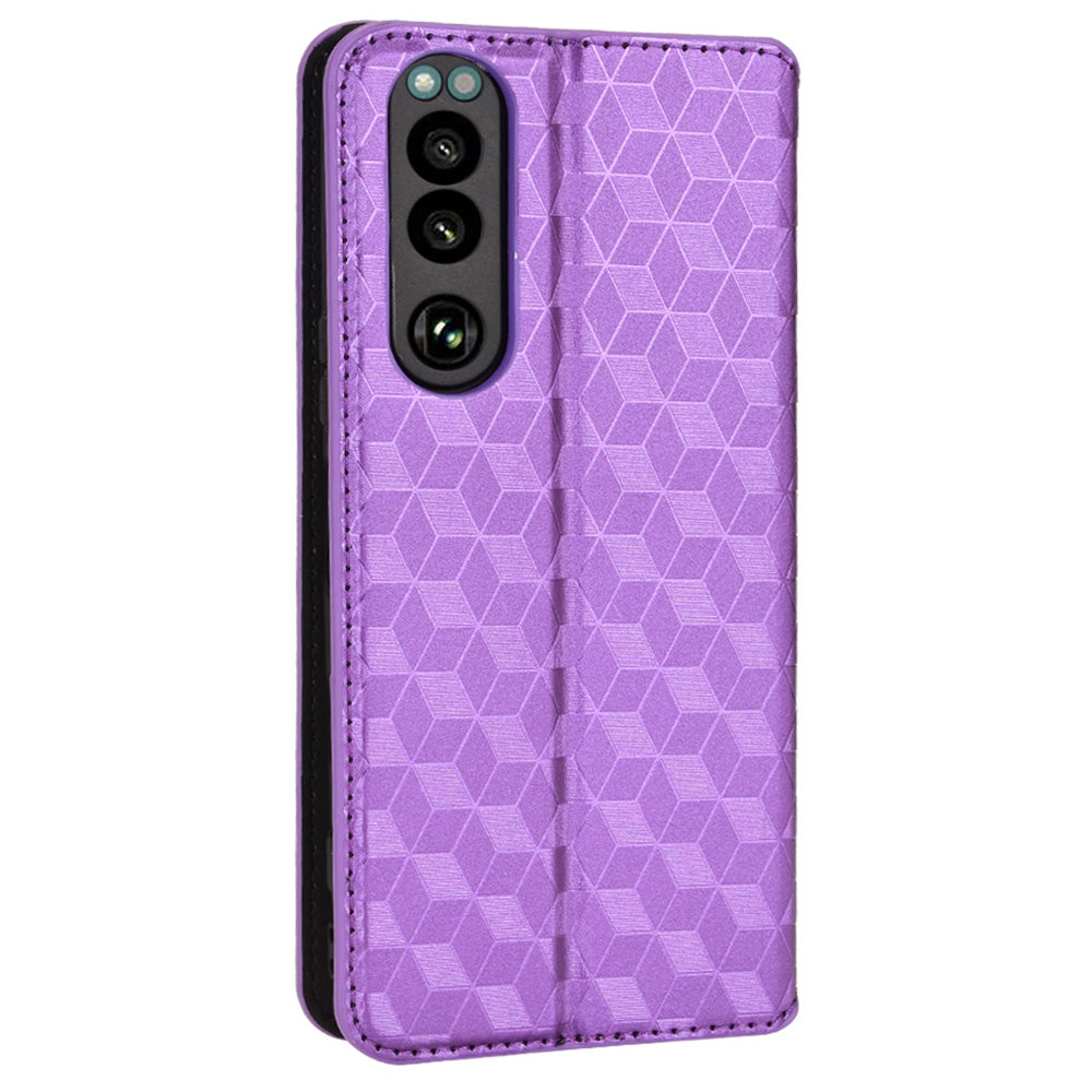 For Sony Xperia 5 III 5G Rhombus Imprinted PU Leather Flip Case Stand Magnetic Absorption Wallet Folio Soft TPU Bumper Protective Cover