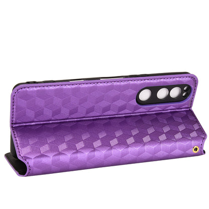 For Sony Xperia 5 III 5G Rhombus Imprinted PU Leather Flip Case Stand Magnetic Absorption Wallet Folio Soft TPU Bumper Protective Cover