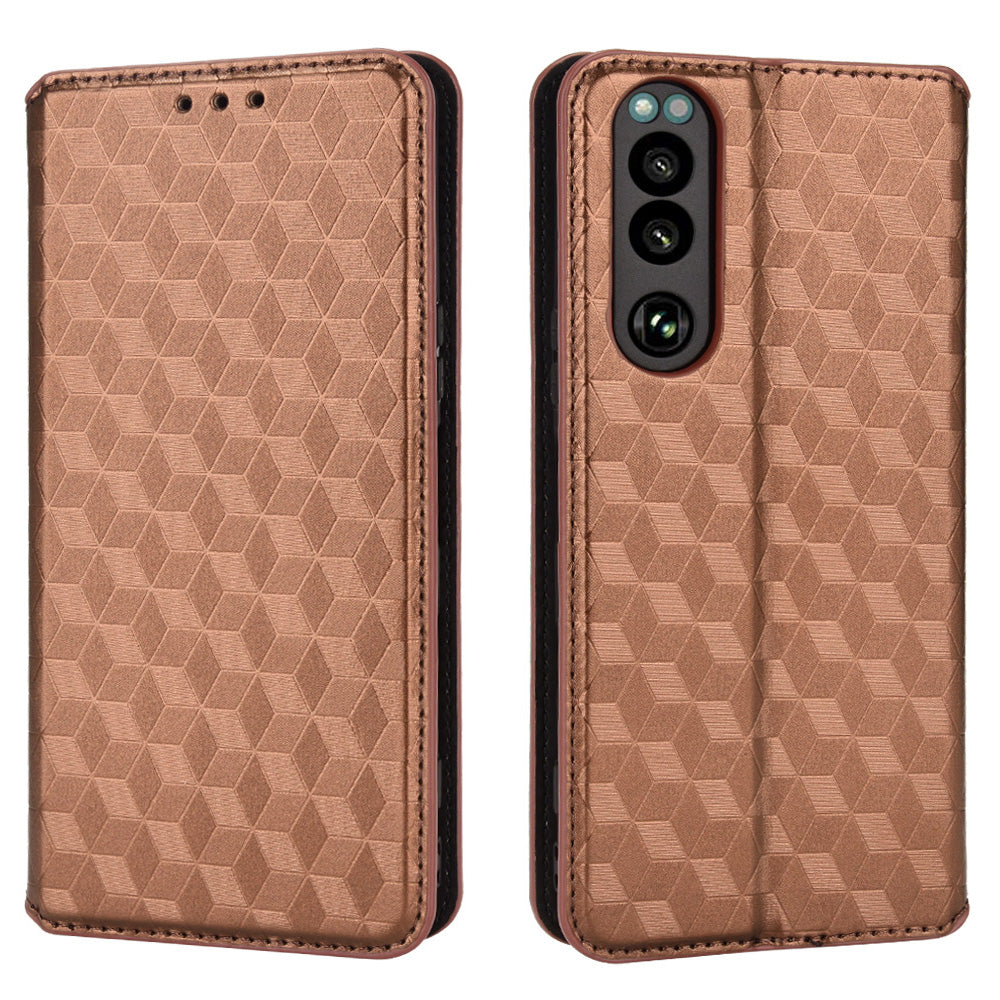 For Sony Xperia 5 III 5G Rhombus Imprinted PU Leather Flip Case Stand Magnetic Absorption Wallet Folio Soft TPU Bumper Protective Cover