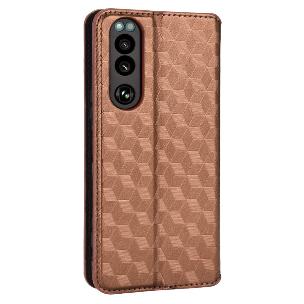 For Sony Xperia 5 III 5G Rhombus Imprinted PU Leather Flip Case Stand Magnetic Absorption Wallet Folio Soft TPU Bumper Protective Cover