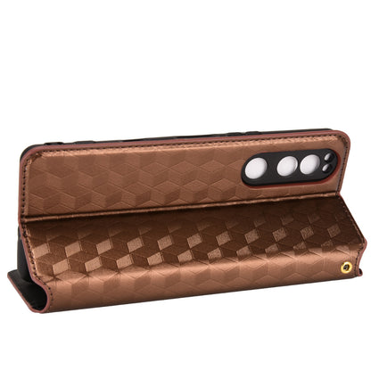 For Sony Xperia 5 III 5G Rhombus Imprinted PU Leather Flip Case Stand Magnetic Absorption Wallet Folio Soft TPU Bumper Protective Cover