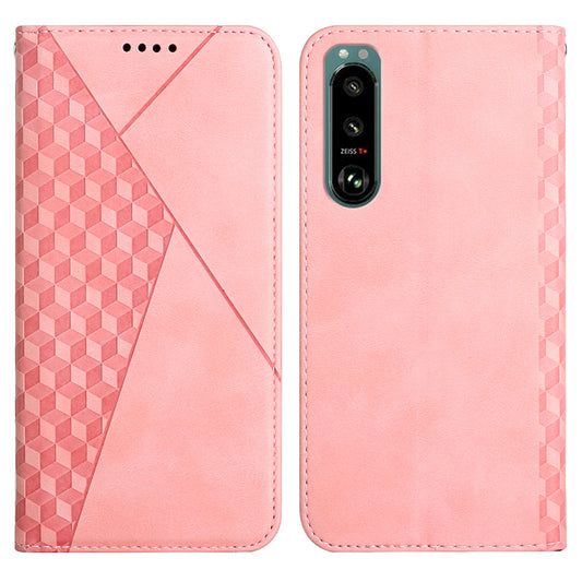 For Sony Xperia 5 III 5G Rhombus Pattern Imprinted PU Leather Protective Case Magnetic Absorption Stand Wallet Fully Wrapped Flip Cover