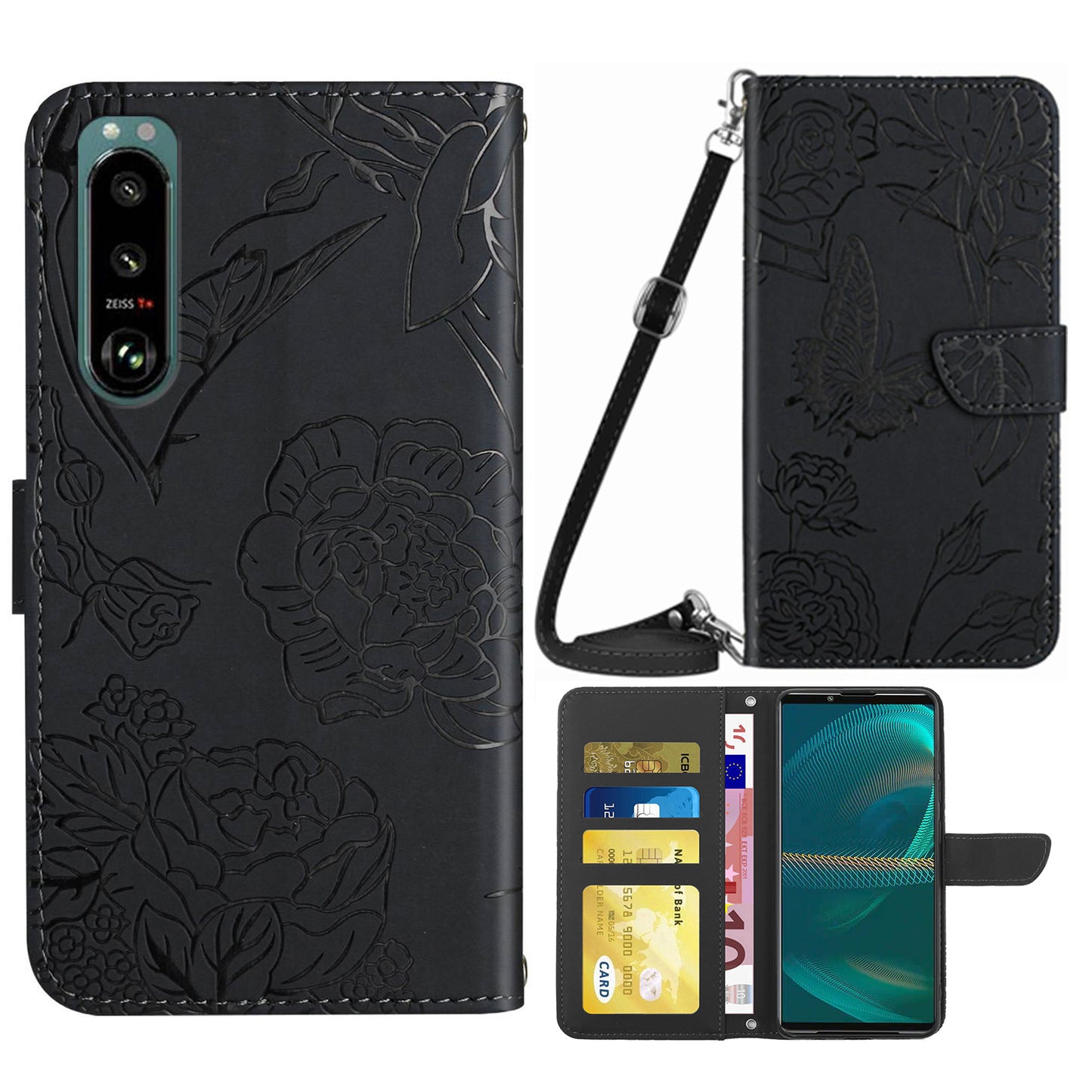 For Sony Xperia 5 III 5G PU Leather Phone Case Skin-touch Feeling Phone Bag Phone Cover Stand Butterfly Flowers Imprinting Pattern Wallet with Shoulder Strap