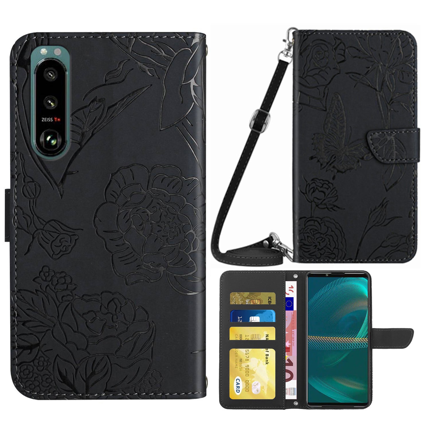 For Sony Xperia 5 III 5G PU Leather Phone Case Skin-touch Feeling Phone Bag Phone Cover Stand Butterfly Flowers Imprinting Pattern Wallet with Shoulder Strap