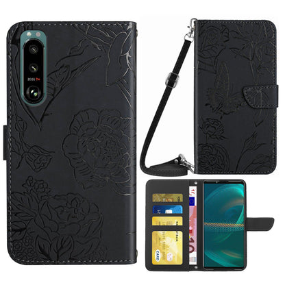For Sony Xperia 5 III 5G PU Leather Phone Case Skin-touch Feeling Phone Bag Phone Cover Stand Butterfly Flowers Imprinting Pattern Wallet with Shoulder Strap