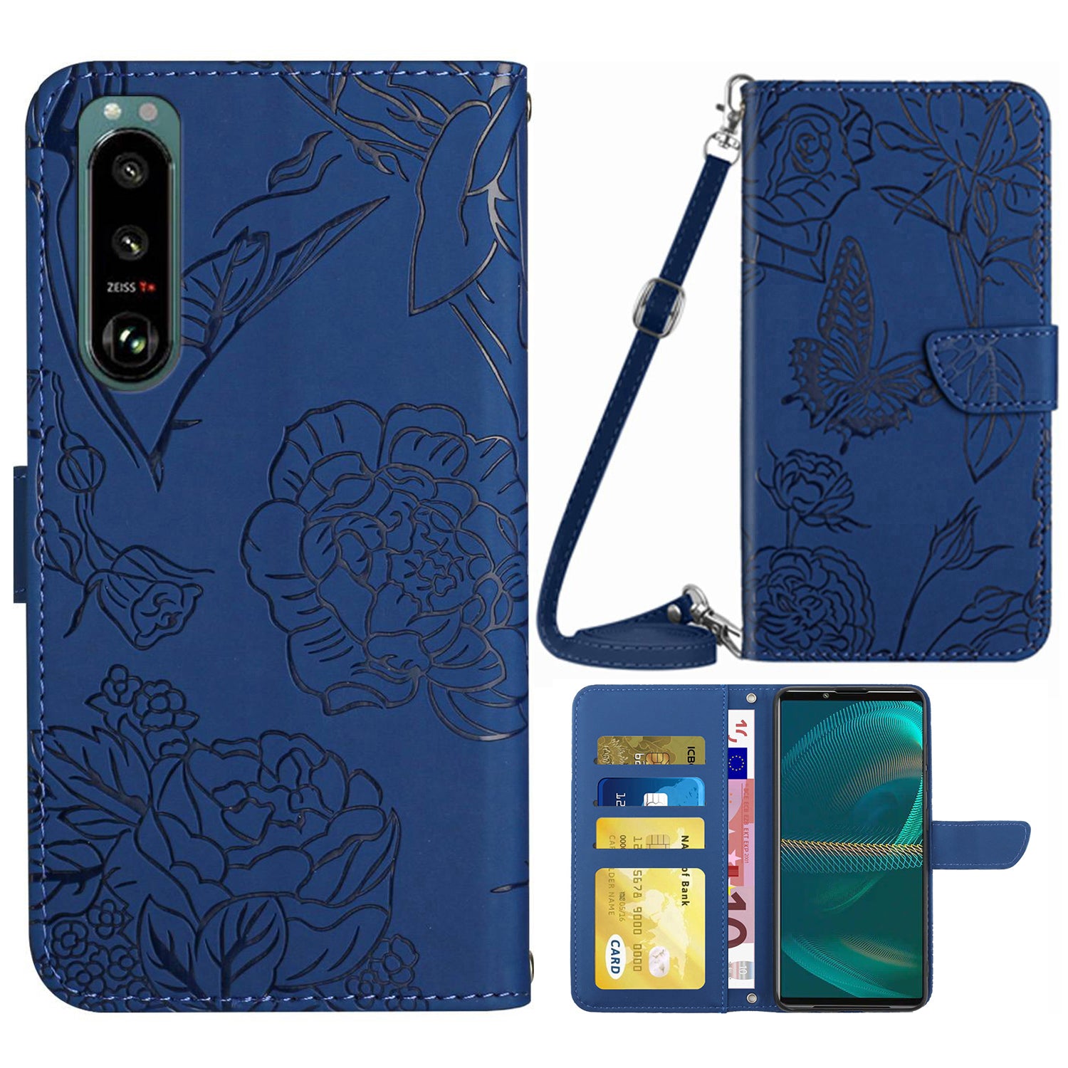 For Sony Xperia 5 III 5G PU Leather Phone Case Skin-touch Feeling Phone Bag Phone Cover Stand Butterfly Flowers Imprinting Pattern Wallet with Shoulder Strap