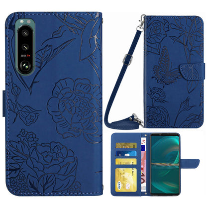 For Sony Xperia 5 III 5G PU Leather Phone Case Skin-touch Feeling Phone Bag Phone Cover Stand Butterfly Flowers Imprinting Pattern Wallet with Shoulder Strap