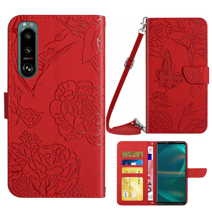 For Sony Xperia 5 III 5G PU Leather Phone Case Skin-touch Feeling Phone Bag Phone Cover Stand Butterfly Flowers Imprinting Pattern Wallet with Shoulder Strap
