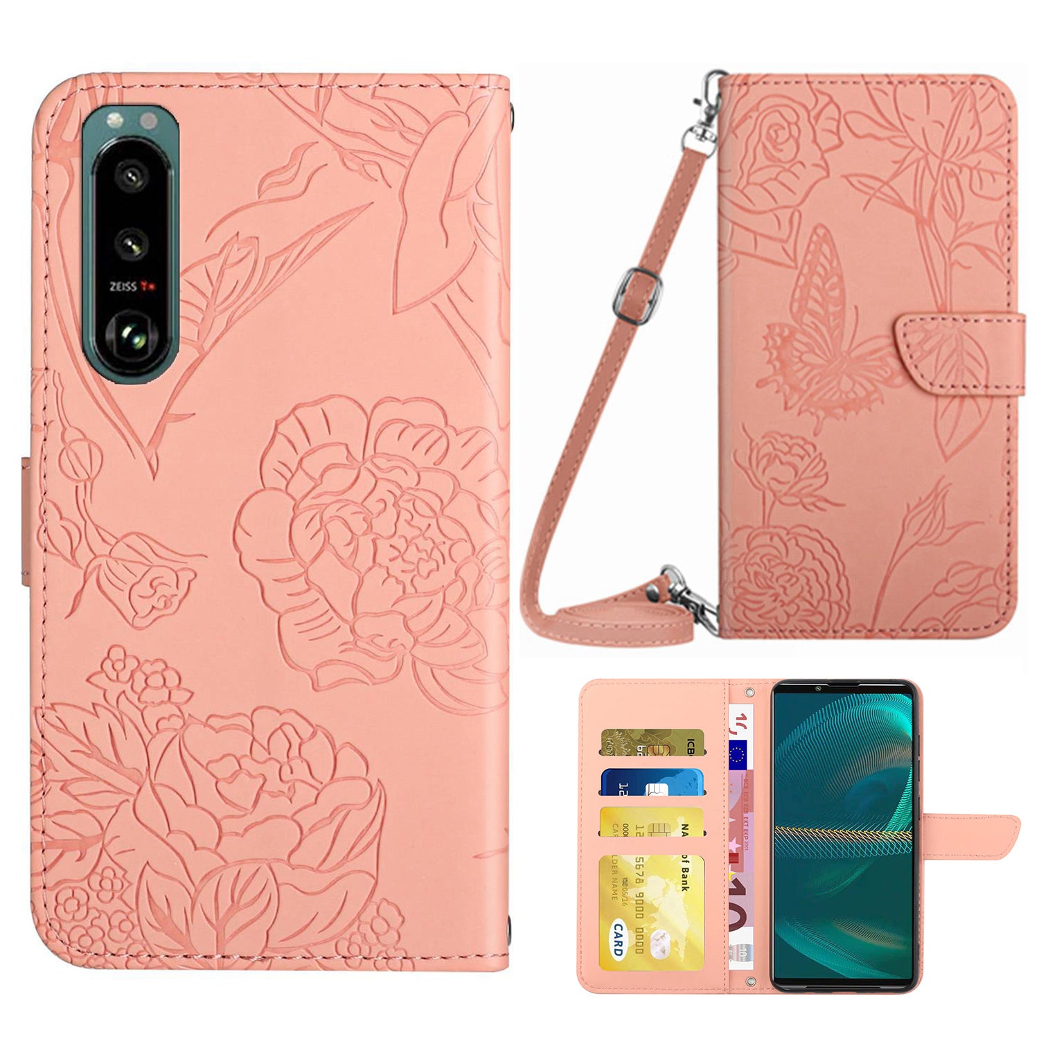 For Sony Xperia 5 III 5G PU Leather Phone Case Skin-touch Feeling Phone Bag Phone Cover Stand Butterfly Flowers Imprinting Pattern Wallet with Shoulder Strap