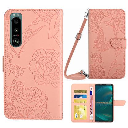 For Sony Xperia 5 III 5G PU Leather Phone Case Skin-touch Feeling Phone Bag Phone Cover Stand Butterfly Flowers Imprinting Pattern Wallet with Shoulder Strap