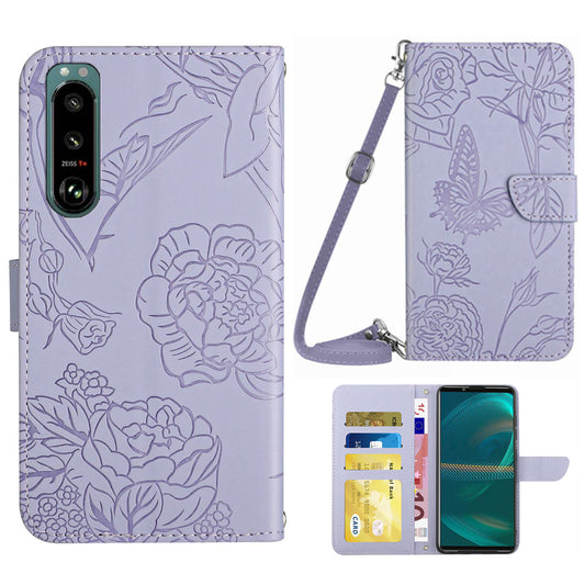 For Sony Xperia 5 III 5G PU Leather Phone Case Skin-touch Feeling Phone Bag Phone Cover Stand Butterfly Flowers Imprinting Pattern Wallet with Shoulder Strap