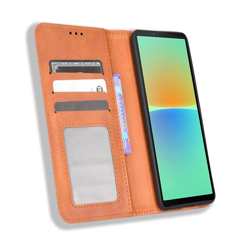 Retro Surface Auto-Absorbed Leather Phone Cover for Sony Xperia 10 IV, Wallet Stand Case Phone Accessory