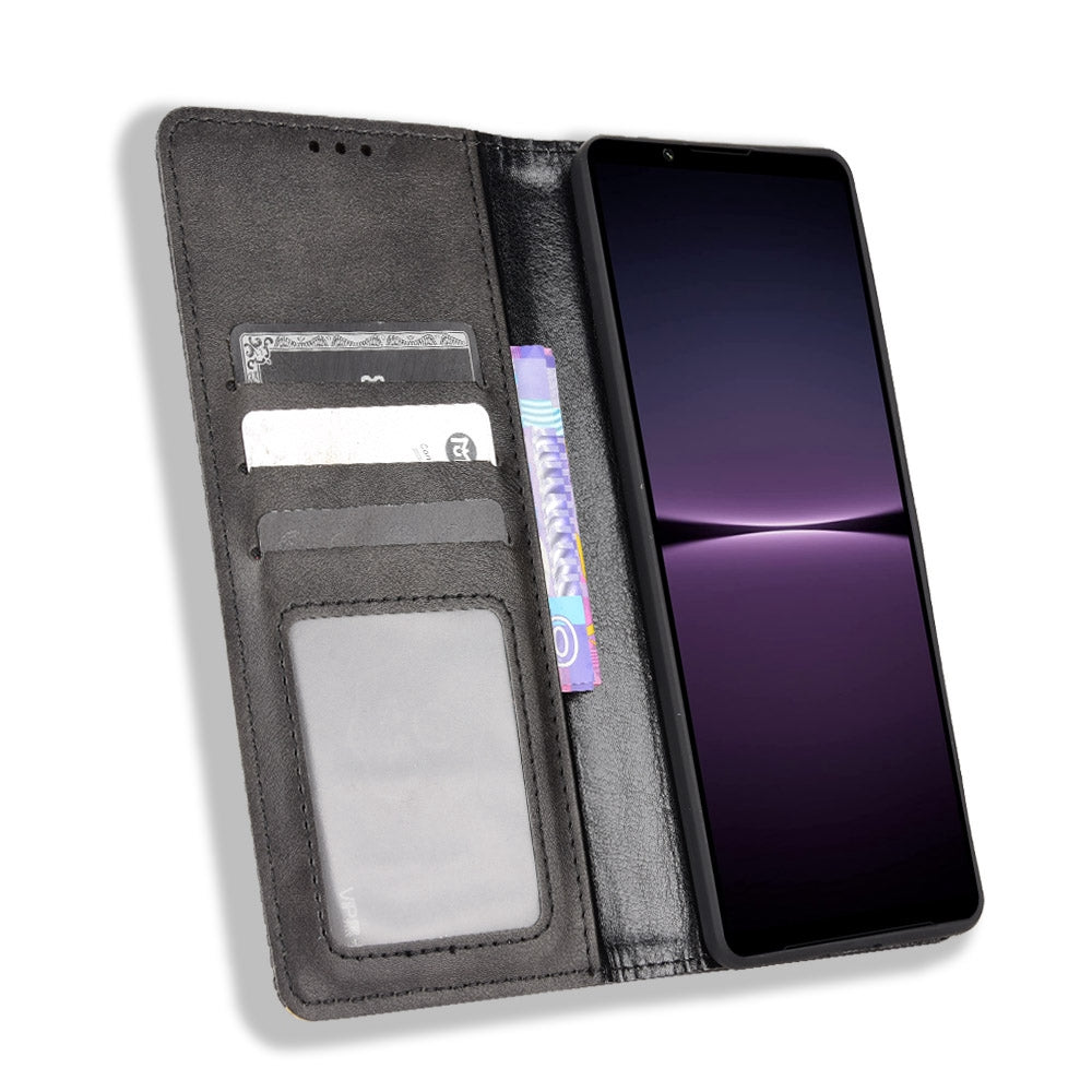 Retro Surface Auto-Absorbed Phone Cover for Sony Xperia 1 IV, Anti-scratch Wallet Stand Leather Shell Phone Accessory